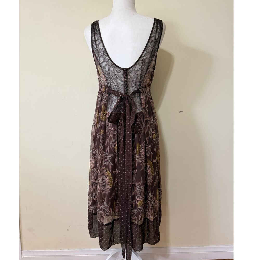 Vintage BCBG Midi Dress Babydoll Brown Lace Back XS Silk Chiffon Whimsigoth Y2K